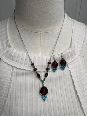 Red and Turquoise Drop Necklace & Earring Set - Women Jewelry